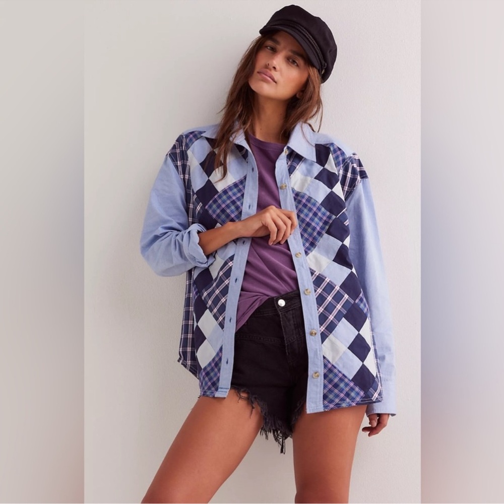 Free People We The Free Argyle Plaid Patchwork Shirt M Oversized Boho